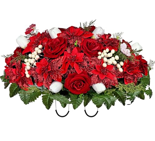 Artificial Cemetery Flowers for Grave Decoration with Adjustable Headstone Saddle - Realistic Winter Memorial Arrangement