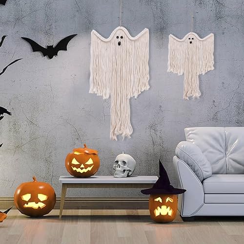Halloween Ghost Wall Decor Set of 2 - Boho Macrame Spooky Wall Hangings