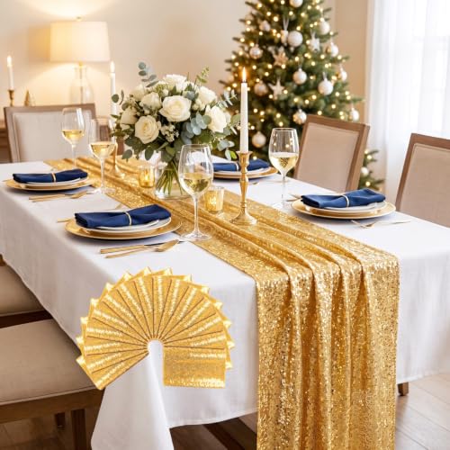 Gold Sequin Table Runner Set - 15 Pack 12x108 Inches for Weddings & Parties