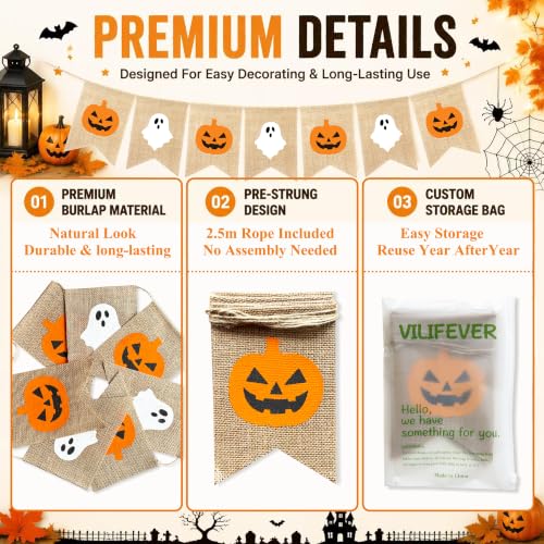 Halloween Pumpkin Ghost Banner Decorations for Mantle Fireplace Indoor Outdoor Festive Decor