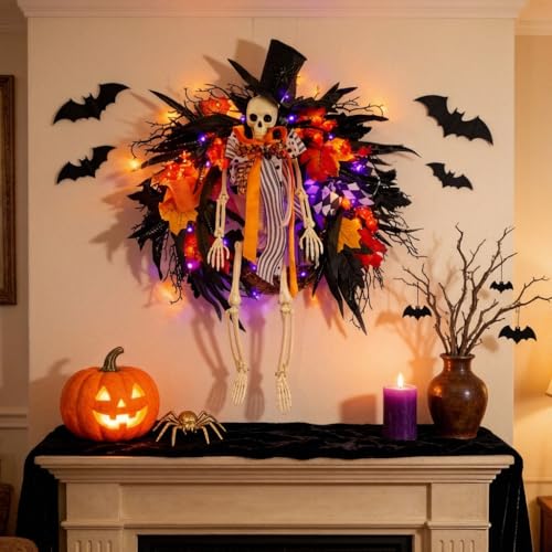 Halloween Skeleton Wreath for Front Door with Lights - 28 Inch Orange Variation
