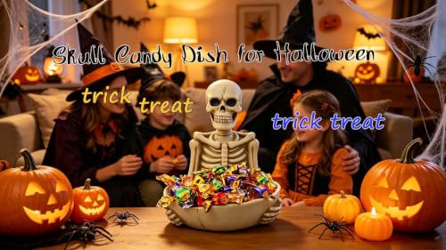 Halloween Skull Candy Bowl with Handheld Skeleton Decor - 9.1 Inch