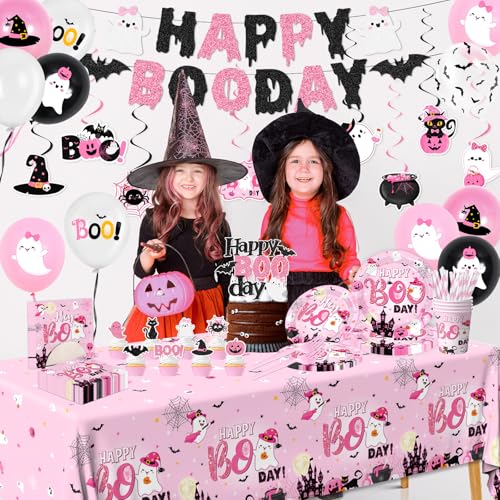 Pink Halloween Birthday Decorations Set - Ghost Party Supplies for 24 Guests