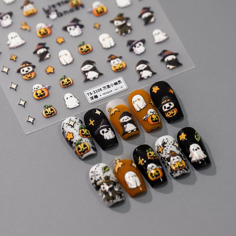 Halloween Ghost Nail Stickers - Self-Adhesive 5D Embossed Nail Art Decals - Ghost Variation