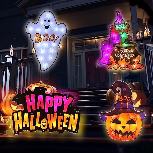 Halloween Lighted Window Silhouette Decorations 4-Pack - Jack-O-Lantern, Boo, Witch, Happy Halloween - Variation of THIS listing