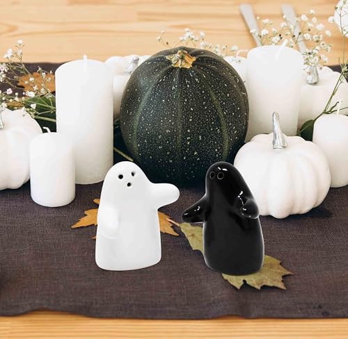 Halloween Ghost Salt & Pepper Shaker Set of 2 - Black & White Ceramic Decor