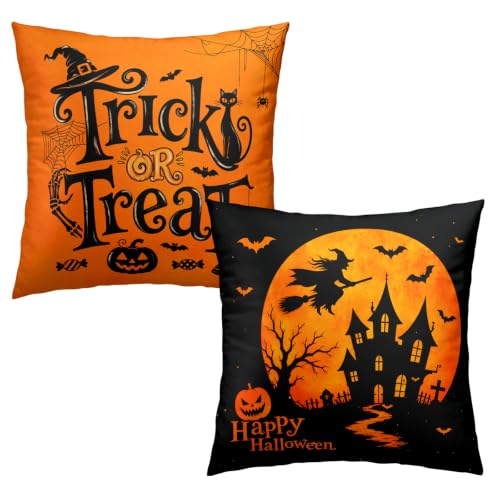 Halloween Outdoor Pillow Covers Set of 2 24x24 Inch Trick or Treat Decor - Orange Black