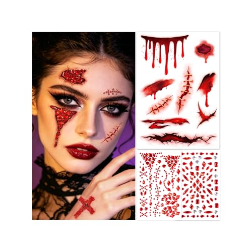 Halloween Fake Blood & Face Tattoo Kit with Gems for Zombie Vampire Makeup