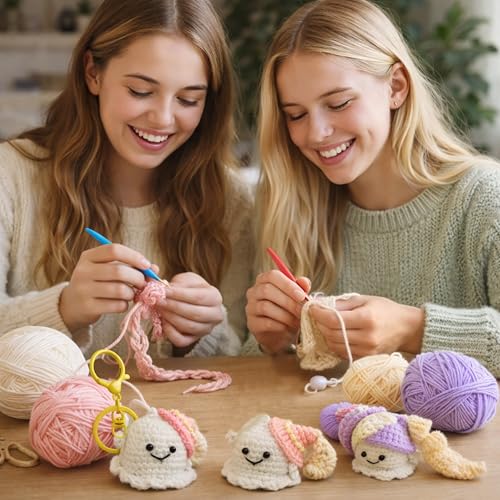 Crochet Keychain Kit for Beginners - Make 3 Mini Ghost Charms with Video Tutorial - Keychain-3 P&W