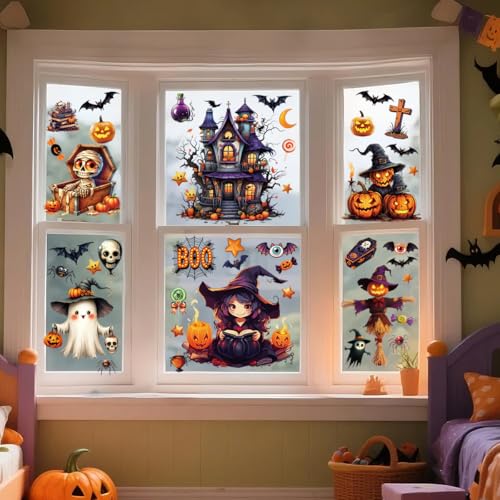 Halloween Window Clings Set - 82PCS Spooky & Cute Ghost Witch Zombie Decor