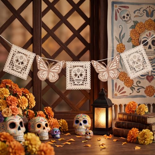 White Papel Picado Banner for Day of the Dead Decorations - 6 Pack, 7 ft