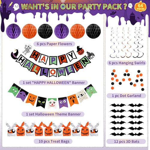 Party Spot! 64pcs Halloween Party Decorations Banner & Treat Bags - Indoor Outdoor