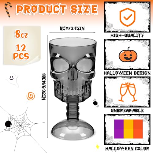 Halloween Skull Goblet Set of 12 - Black Plastic Gothic Party Cups, Skeleton Design