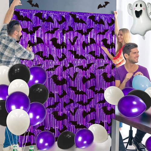 Halloween Purple Fringe Curtain with Bat Decorations - 2 Pack, 3.3 x 6.6 ft