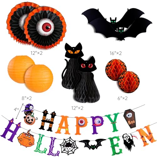 Halloween Paper Lantern Decorations Set with Black Cat Eyeball Bats Banner - Indoor Party Props