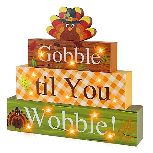 Thanksgiving Wooden Block Sign with LED Lights - Gobble Til You Wobble Turkey Decor - Fall Farmhouse Tabletop Sign - Variation: Thanksgiving 1