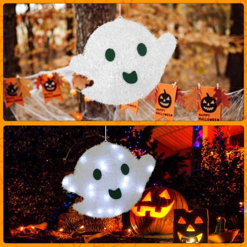 Halloween Hanging Ghost Lighted Decoration - White LED, 14.4 Inches, Auto Timer, Indoor Outdoor Use - White Ghost Variation