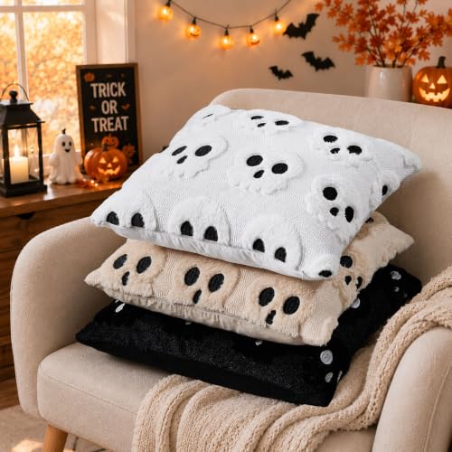 Halloween Pillow Covers 20x20 Inch Set of 2 White Skeletal Decor Plush Faux Fur