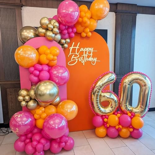 Hot Pink Orange Gold Balloon Garland Arch Kit - 134pcs Party Decorations - Variation of Hot Pink Orange Gold