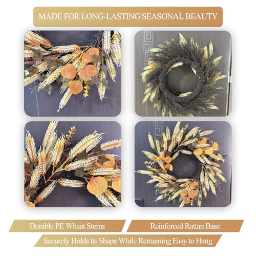 22-Inch Fall Wreath for Front Door with Wheat & Silk Leaves, Rustic Autumn Decor