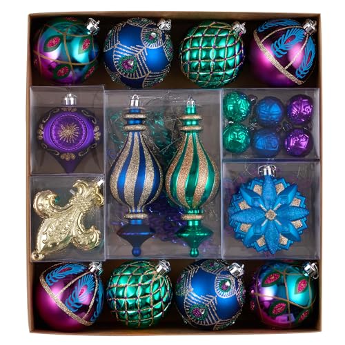 Peacock Blue Purple Green Shatterproof Christmas Tree Ornaments Set - 60pcs Holiday Decor