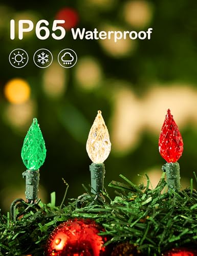 Christmas String Lights Outdoor 50ft 100 LED Faceted C6 - Red White Green