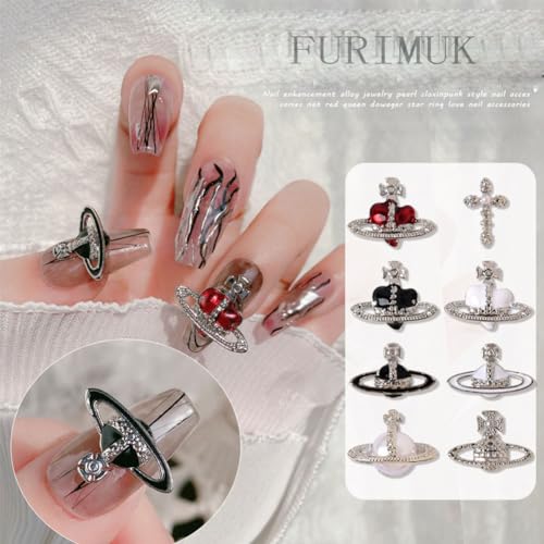 30 Pcs Heart & Planet Nail Charms Set - Rhinestones, 3D Cross & Saturn Design