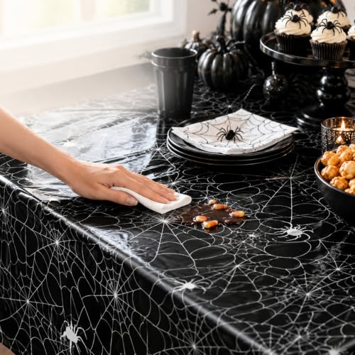 Merriva Black Spider Web Halloween Plastic Tablecloth Set - Disposable 54x108 Inch Rectangular Cover with Spooky Cobweb & Spider Print, 3 Pieces