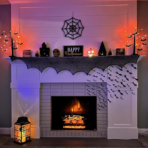 Halloween Fireplace Scarf - Black Lace Spiderweb Mantle Decoration 18x96 Inch Spider Web Design