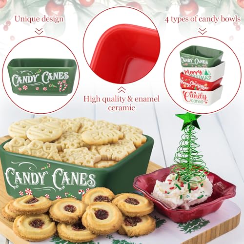 Christmas Candy Bowls Set - Ceramic Mini Square Dish with Holiday Patterns - 4 Pcs