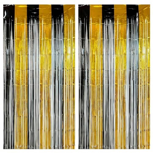 Black and Gold Foil Fringe Curtains Party Backdrop - 2 Pack, 3.3x6.6 ft, Variation: Black Gold