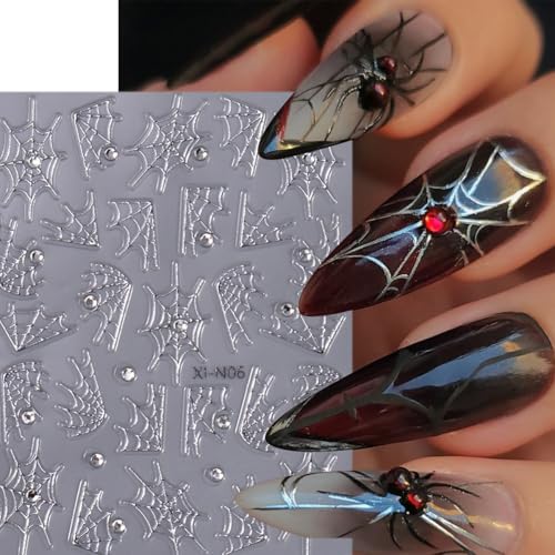 Halloween Spider Web Nail Stickers Set - 4 Sheets Self-Adhesive 3D Decals with Rhinestones - Spider Web Design for Nails - Variation 1