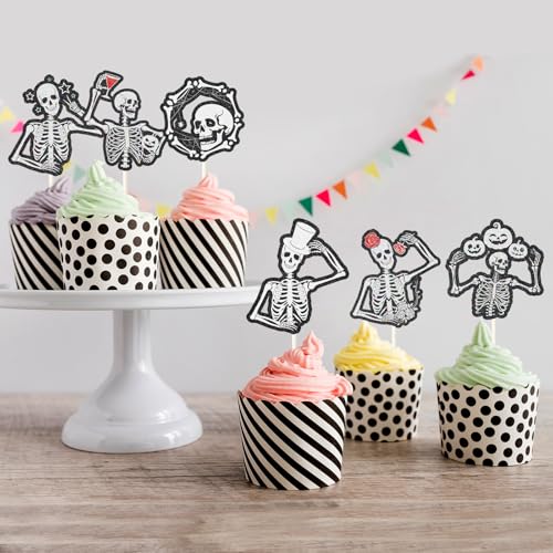 Black Skull Cupcake Toppers - 18 Pieces Gothic Skeleton Picks for Halloween & Wedding Decor - Variation: Black Skull