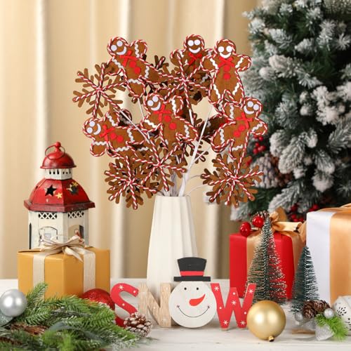 Gingerbread Man Christmas Tree Picks Set - Holiday Snowflake Felt Ornaments, 17 Inch Xmas Decor