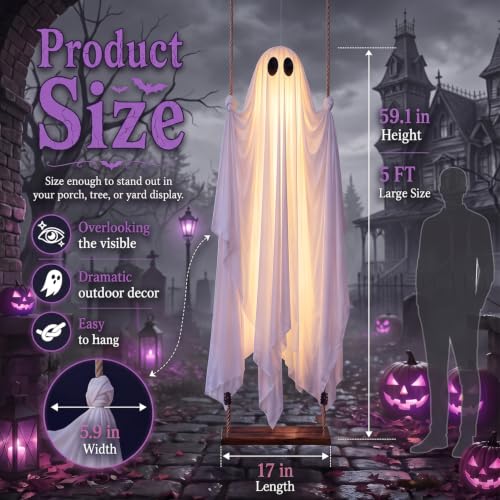 5FT Swinging Ghost Halloween Decorations Outdoor with Light and Timer