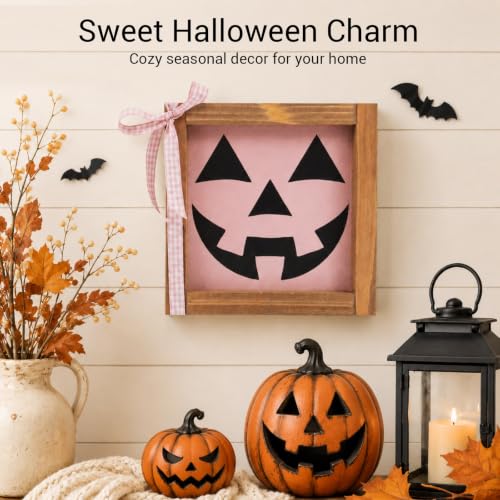 Pink Halloween Decor Pumpkin Face Sign - Pink Face Variation, Rustic Wood Home Table Wall Shelf Decor