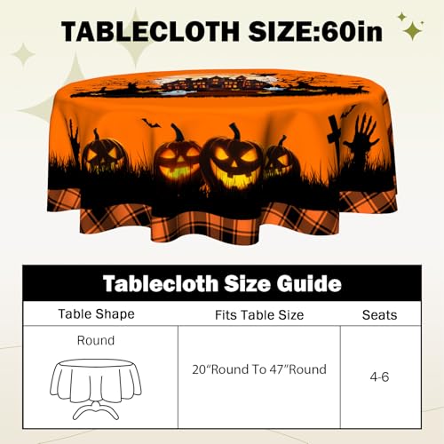 Halloween Castle Round 60 Inch Tablecloth - Pumpkin Ghost Witch Bat Fall Decor