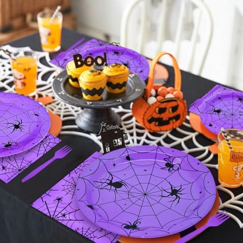 Purple Halloween Spider Web Disposable Dinnerware Set for 24 Guests