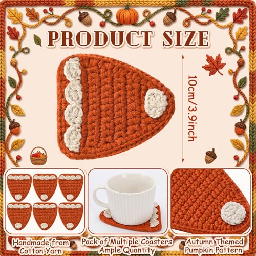 Fall Pumpkin Pie Crochet Coasters Set of 6 Handmade Autumn Decor