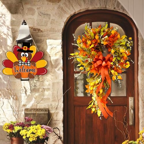 Thanksgiving Wooden Turkey Wreath with Black Bow - Large Fall Door Decoration