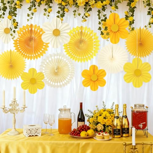 Yellow Party Decorations Paper Fans Set - Sunflower Theme Wall Decor, 12 Pieces