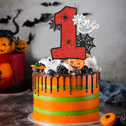 First 1 Number Cake Topper - Spider Web Birthday Party Decoration - Variation: One Red-9