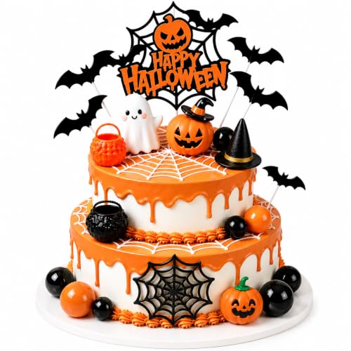 Halloween Cake Topper Set - 40 Pcs Pumpkin Ghost Bat Decor with Sign & Web