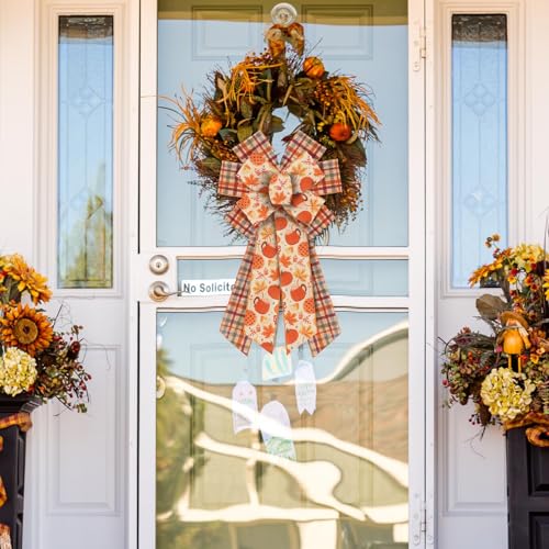Fall Pumpkins and Maple Leaf Wired Edge Ribbon Set - 2 Rolls, 5 Yards Each, Autumn Thanksgiving Decor