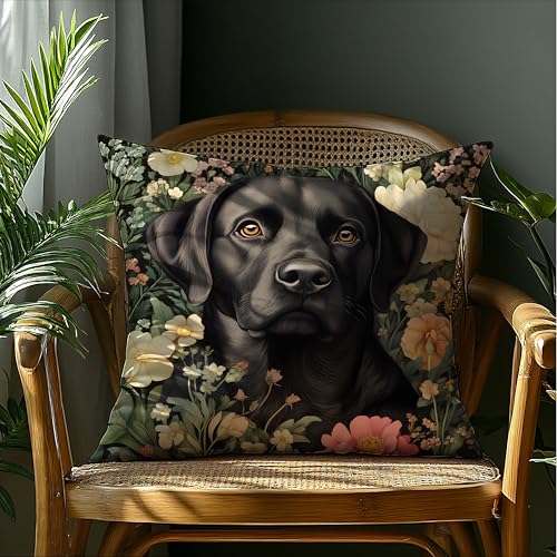 Labrador Retriever Floral Decor Pillow Cover 18x18 - Rustic Botanical Home Accent