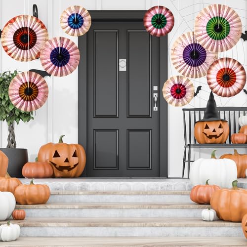 Halloween Eyeball Paper Fan Decorations - 9 Pcs Spooky Hanging Fans, Various Sizes