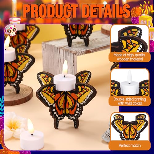 12 Pcs Day of the Dead Wooden Butterfly Candleholders - Festive Tabletop Decor