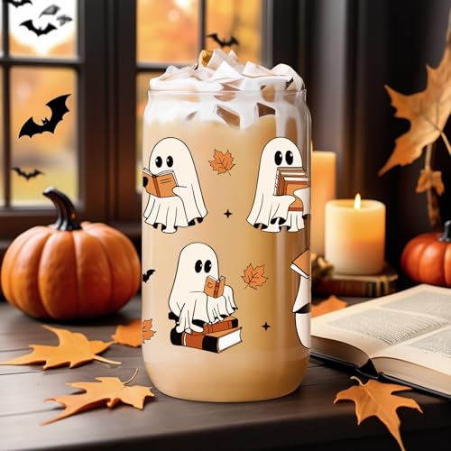 Halloween Ghost Bookish Glass Tumbler - 16oz Spooky Fall Coffee Mug