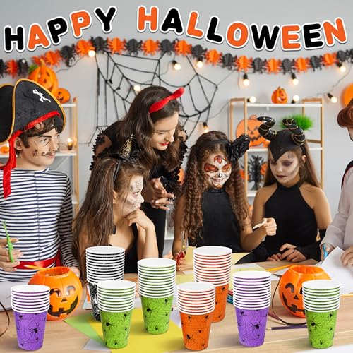 Halloween Disposable Paper Cups 9oz - 4-Color Spider Web - Festive Party Drinkware - Colorful Variation