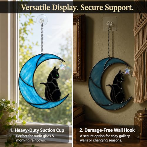 Stained Glass Black Cat Suncatcher - Blue Moon Rainbow Maker with Green Eyes Variation